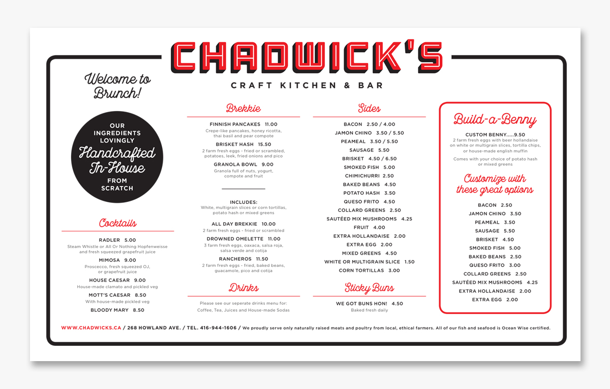 Chadwicks Craft Kitchen Bar Brunch Menu design Toronto by Taylor Wolfe