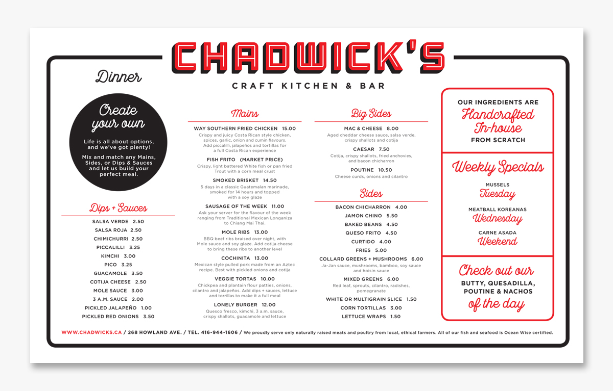 Chadwicks Craft Kitchen Bar Dinner Menu design Toronto by Taylor Wolfe